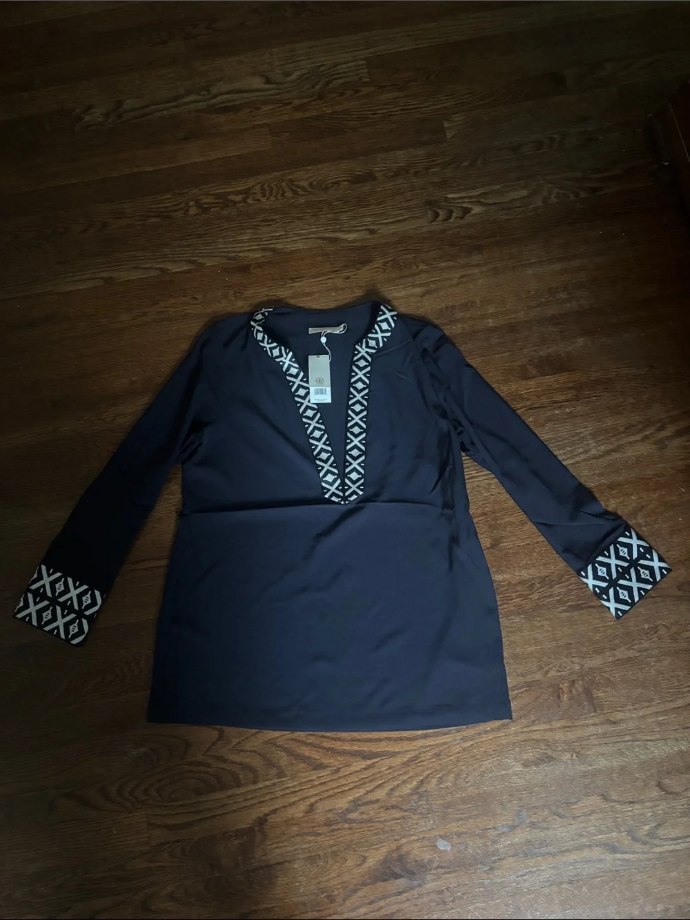 Tory Burch Navy Tunic with Contrast Geometric Trim